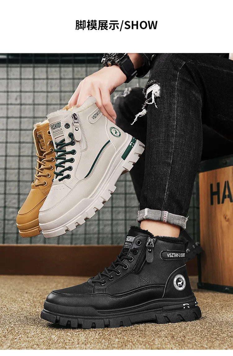 Winter Fleece-Lined Warm High-Top Men's Boots, Korean Style Versatile Men's Boots, Thickened Lightweight Cotton Shoes, Trendy Outdoor Snow Boots