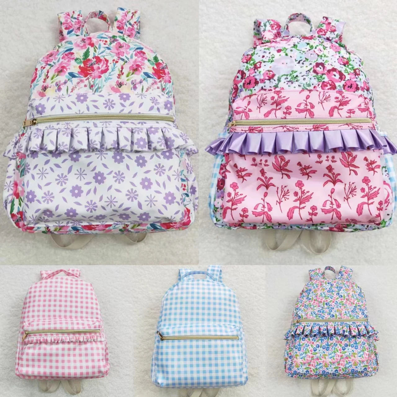 Wholesale Children Baby Girl Flower Backpack Boutique Daypack Toddler Outdoor Floral Plaid Portable Kids School Bag