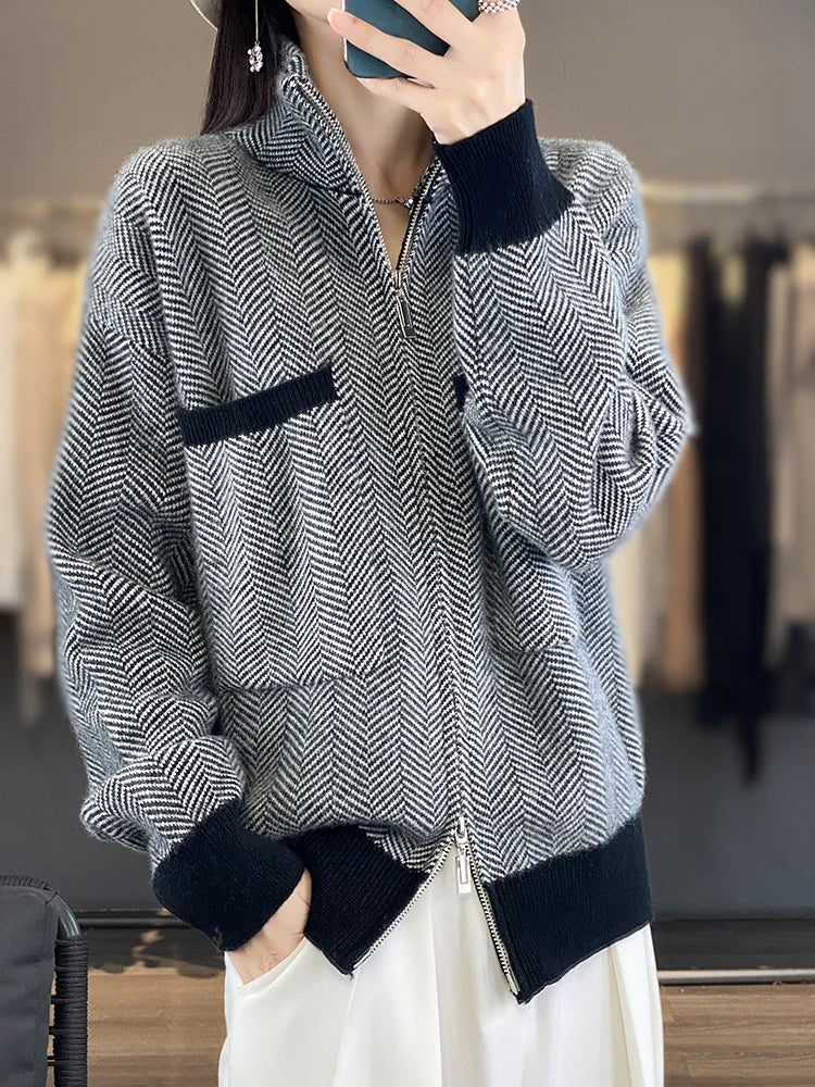 100% Merino Wool Women Sweater Casual Turtleneck Fancy Yard Cardigan Female Knitwear Long Sleeve Cashmere Overcoat Clothing Tops