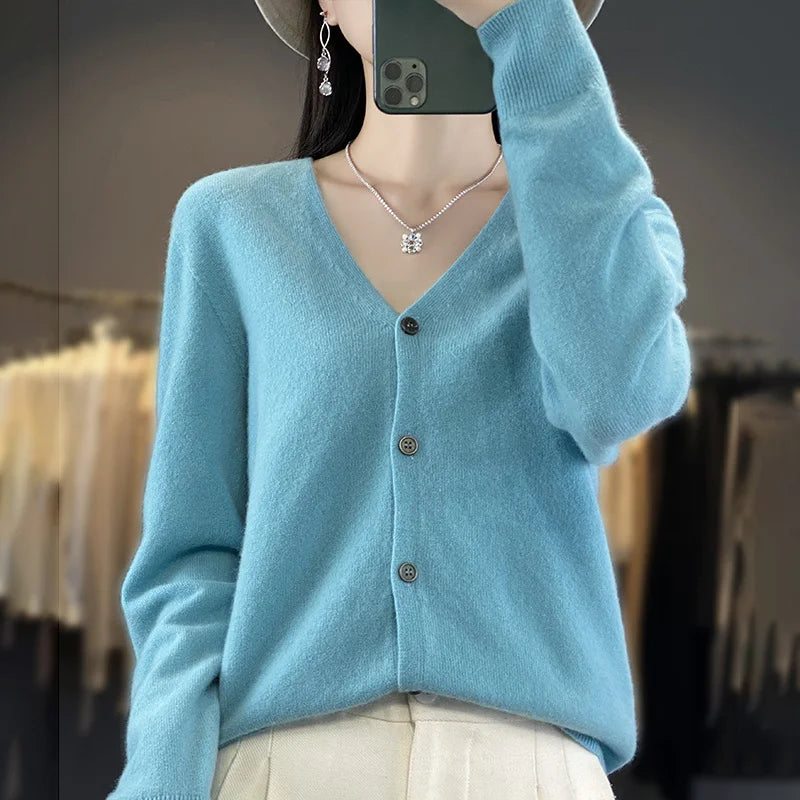 New Fashion Spring Autumn 100% Merino Wool Women's V-neck Cardigan Cashmere Sweater 2024 Female Knitwear Clothing Korean Tops