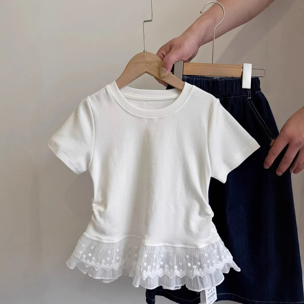 2025 Spring Summer Girls White Tee: Lace Trim Ruffle Short Sleeve Top for 3-14Y Teens Girls T-shirt Versatile Fashion Blouse