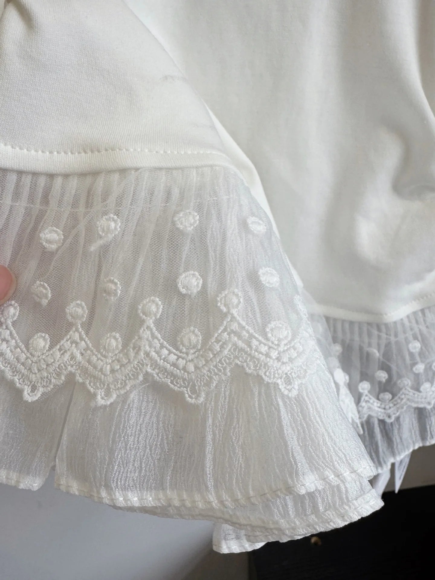2025 Spring Summer Girls White Tee: Lace Trim Ruffle Short Sleeve Top for 3-14Y Teens Girls T-shirt Versatile Fashion Blouse