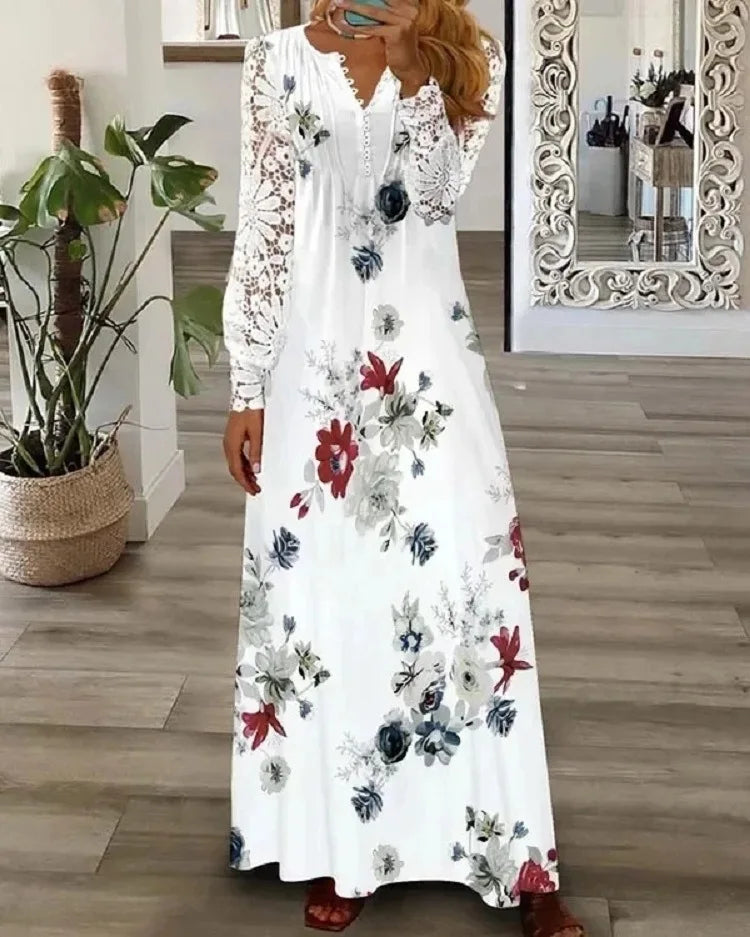 Spring Women Lace Button Loose Boho Vintage Ruffles Dresses Befree Summer Elegant Party Large Big Summer Party Maxi Dress