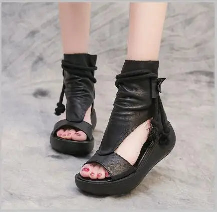 GKTINOO 2026 New Summer Black Women Leather Sandals Cool Boots Platform Shoes Wedges Sandals Women Shoes Fashion Outdoor Sandals