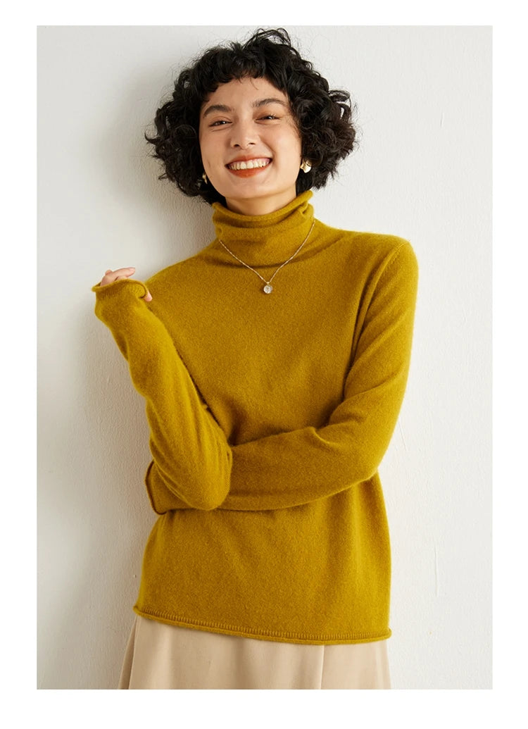 Women's 100% Cashmere Sweater Casual Solid Color Knitted Pullover Loose High Neck Jumper Autumn/Winter Warm Blouse Tops