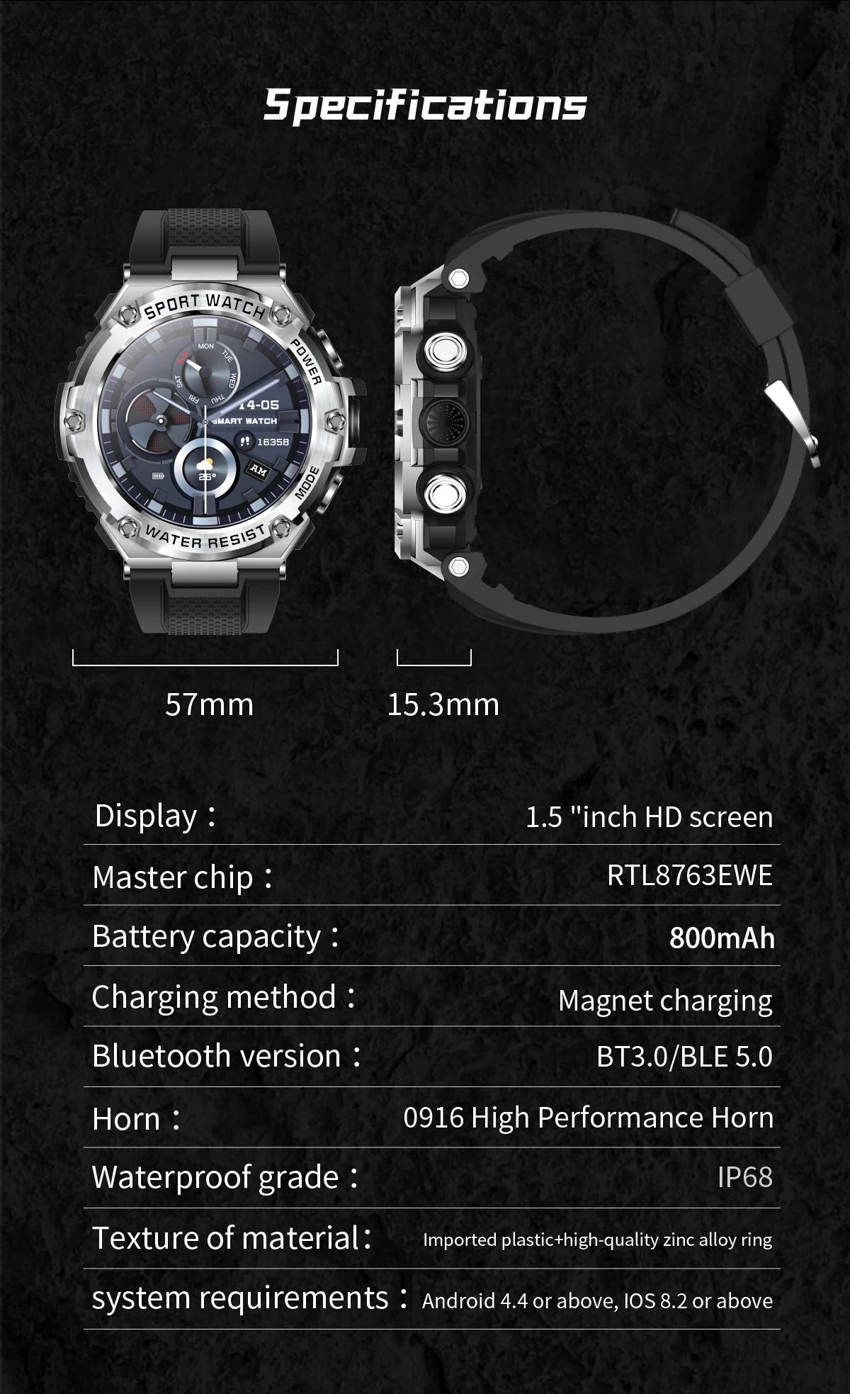 Outdoor Sport Smart Watch Men 800mAh Long Life Battery Bluetooth Call IP68 Waterproof Fitness Tracker SmartWatch For Android ios