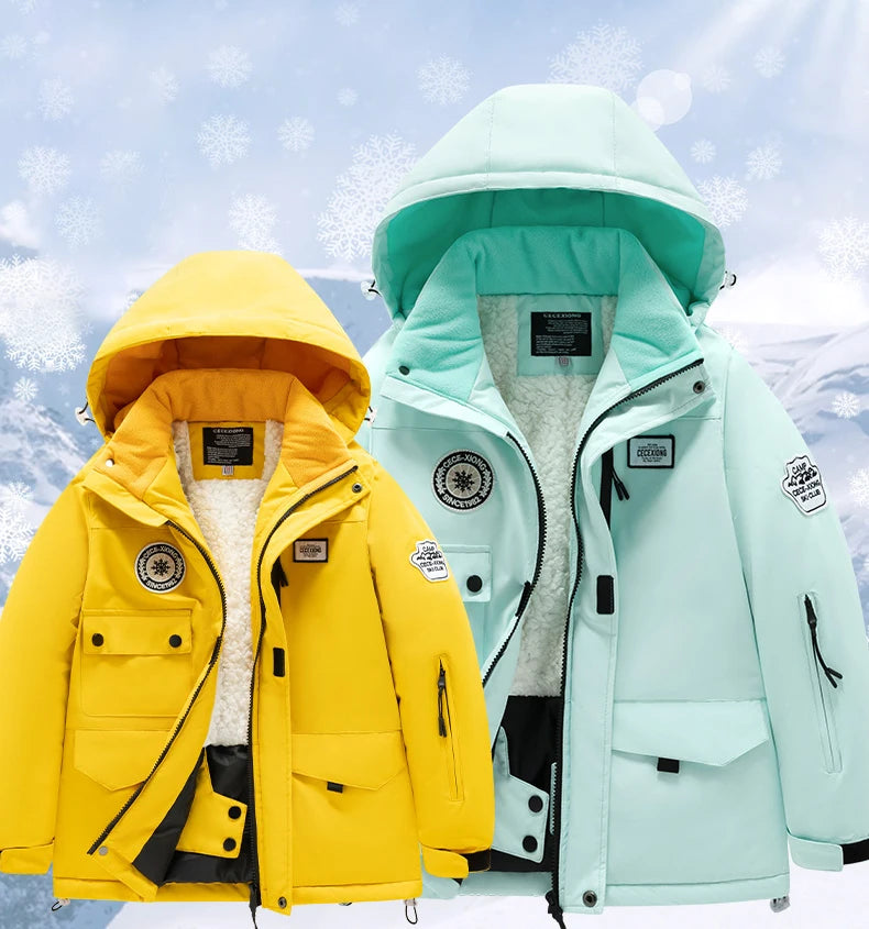Winter children's skiing suit for boys and girls, windproof and waterproof thick coat for warmth and snow playing equipment