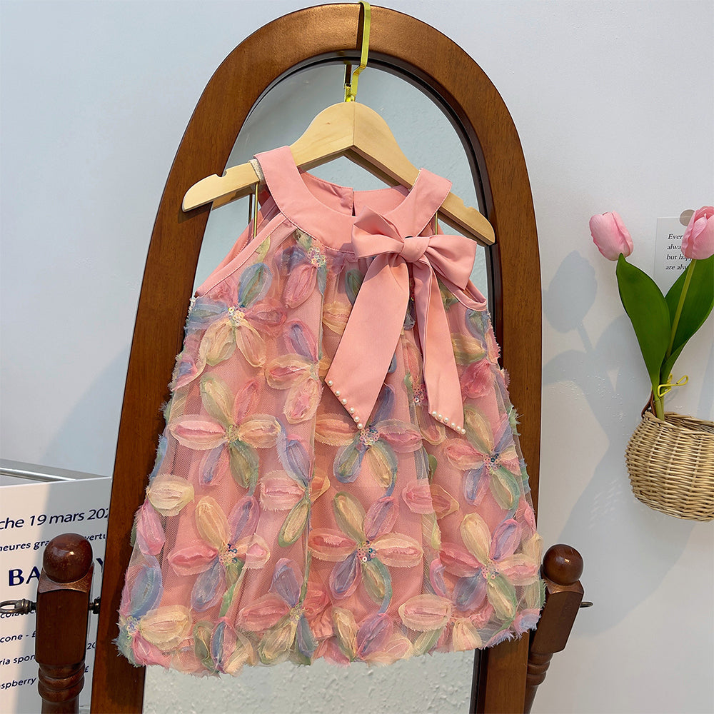 Bear Leader Girl Dress 2025 Summer New Girl Dress Princess Dress Little Girl Fashion Colorful Flower Yarn Dresses Kid Clothes