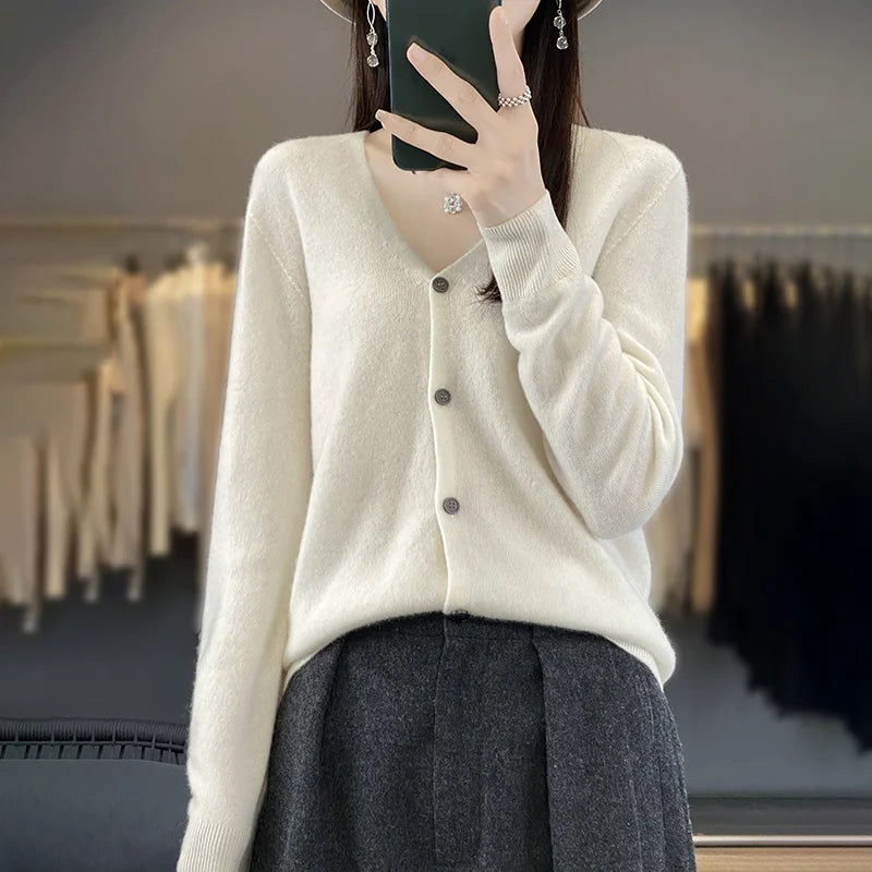 New Fashion Spring Autumn 100% Merino Wool Women's V-neck Cardigan Cashmere Sweater 2024 Female Knitwear Clothing Korean Tops