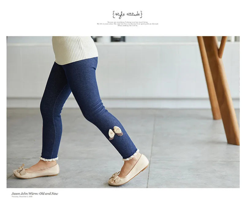 Girls Jean Pants Autumn Winter Warm Children Leggings Thicken Velvet Bowknot Kids Trousers Baby Girl Pants Icing Leggings