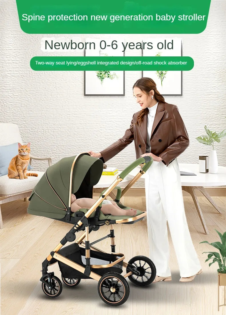 High View Two-way Stroller Eggshell Sleeping Basket Can Sit or Lie Down Lightweight Four Wheel Stroller Luxury Trolley Pushchai