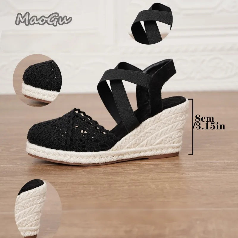 Women's Espadrilles Summer Lace Wedge Sandals Cover Toe Elastic Ankle Strap Shoes Ladies Platform Espadrille Comfortable Shoes