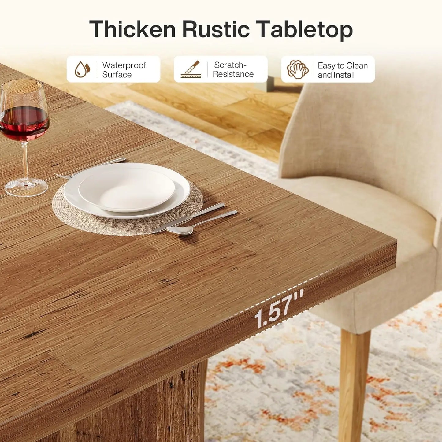 Farmhouse Dining Table for 4 to 6 People, 63-inch Rectangle Wooden Kitchen Table with Large Tabletop and Heavy Duty, Customized