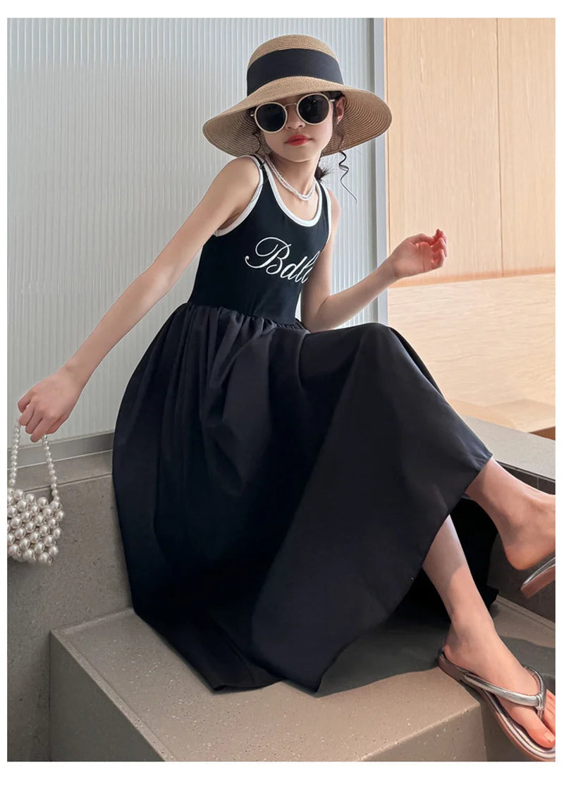 Girls Summer Long Dress Kids Casual Letter Vestidos Children Princess Gown Sleeveless Cool Clothes New Teenager Trends Dresses