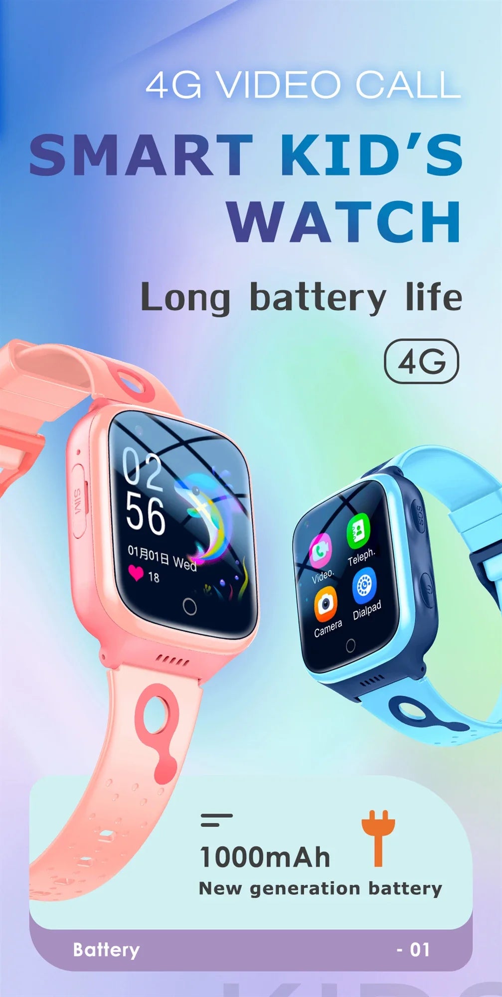 2024 New KGG 4G Kids' Smartwatch 1000mAh Battery GPS WiFi Video Call Tracker Location. SOS Call Phone Function Gift for Children