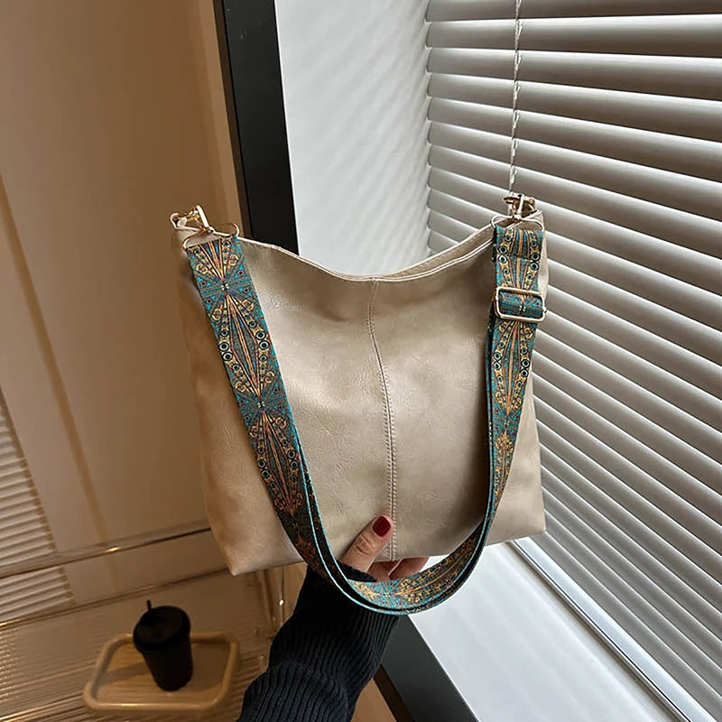 Antique Single Color Feminine Shoulder Sling Bag; Spacious, Simple, Wide Strap Bucket Crossbody Bag