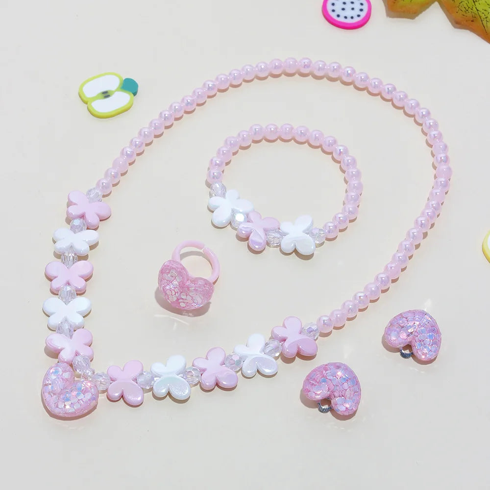 Girls' 5-Piece Jewelry: Flower Pendant, Earrings, Ring, Beaded Necklace & Bracelet, Cute Versatile Kids' Accessories