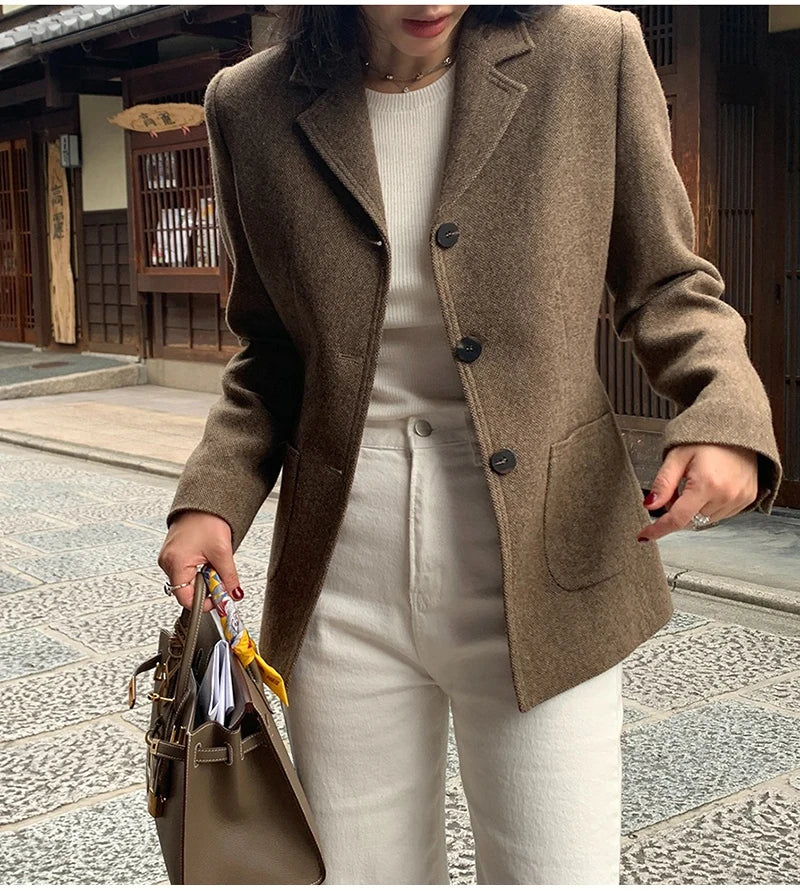 50 Wool Women Notched Collar Blazer Jacket Coat Fall Winter Thick Warm Overcoat Pocket Fashion Slim Waist Buttons Coat 2024 New