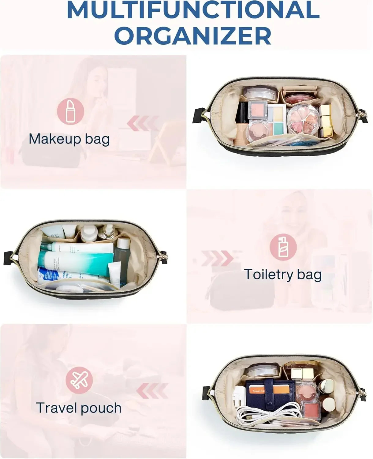 Makeup Bag Travel Toiletry Bag Puffy Padded Make Up Bags Wide Open Pouch Purse Travel Essentials Toiletries Accessories Brushes