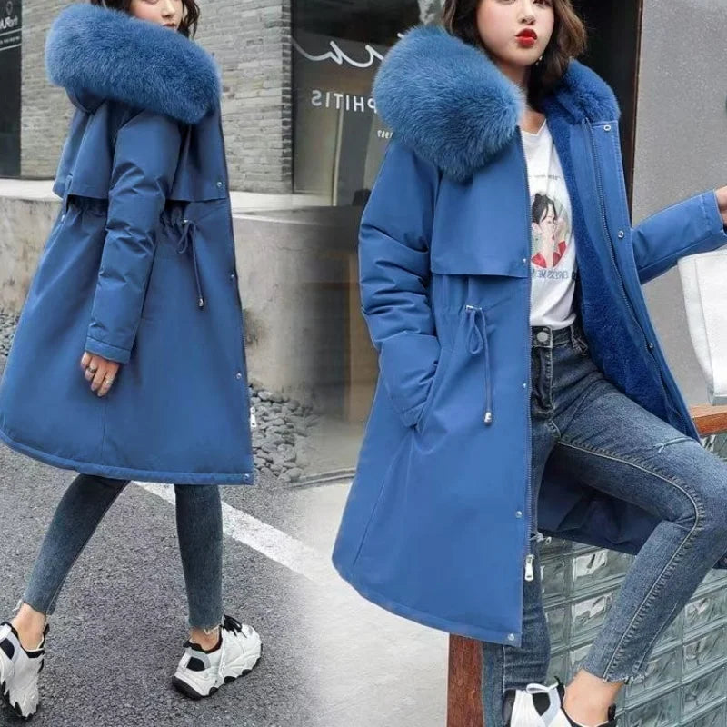 Winter Women Clothes Wool Liner Jacket Casual Thick Parka Fur Collar Long Coat Warm Hooded Snow Wear Padded Solid Colour Jackets