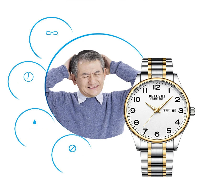 Men Quartz Watches for Middle-aged Elderly High Quality Luminous Male Clock Date Week Display Big Dial Waterproof Men Wristwatch