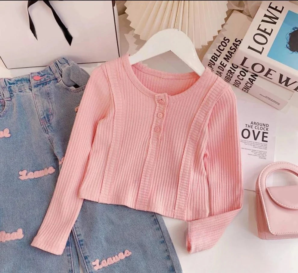 3-10Y Teen Girls Clothing Set Spring Autumn Solid Color Long Sleeve Top+Letter Print Wide Leg Jeans 2Pcs For Kids Fashion Outfit