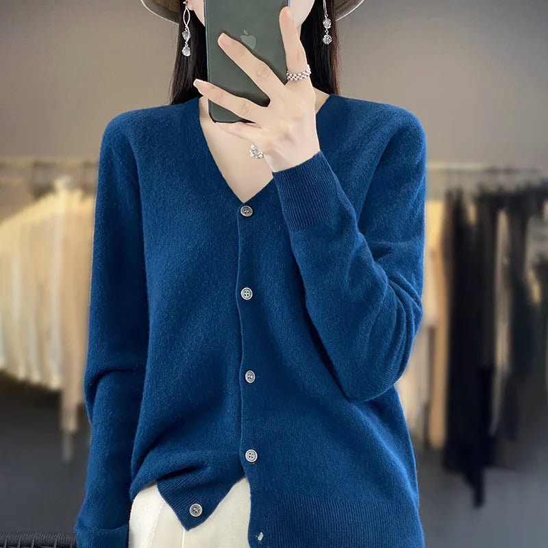 New Fashion Spring Autumn 100% Merino Wool Women's V-neck Cardigan Cashmere Sweater 2024 Female Knitwear Clothing Korean Tops