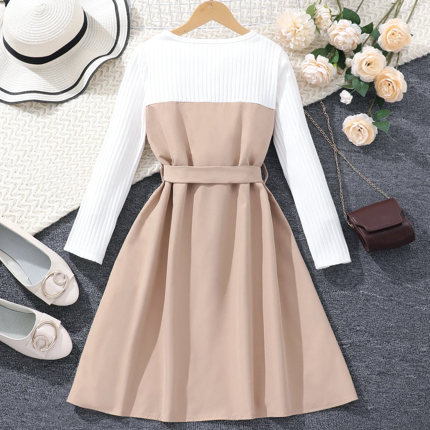 New Dress for Teens Girls 8-12Yrs Autumn Winter Belt Button Khaki Children Dress Soft Sweet Warm Vintage Teens Girls Clothing