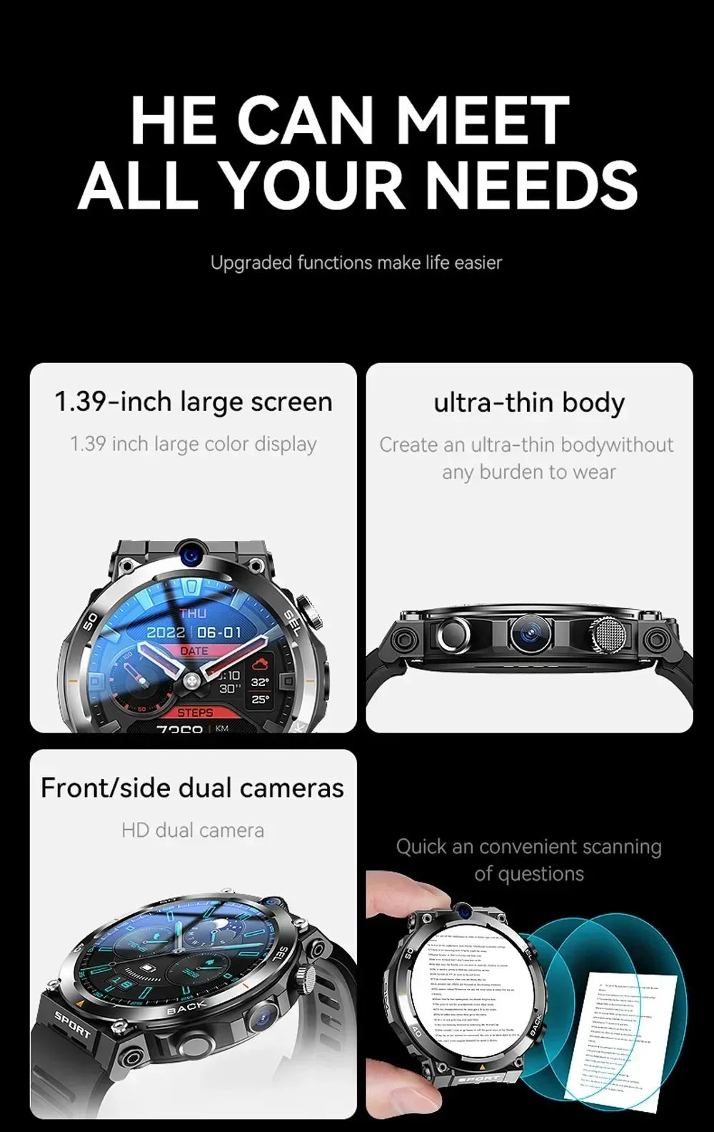 4G LTE H10 Smartwatch Dual Camera Video Calls Wifi NFC Door Access 1380mAh Battery Capacity SIM Card Smart Watch