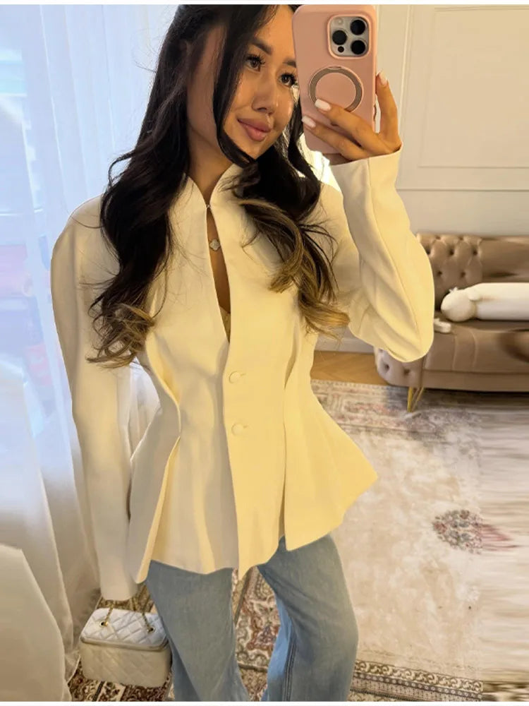 Elegant Pleated Waist Cinched Women's Jacket  Chic V Neck Single Breasted Lace Up Coat 2026 Lady Casual Slim Commute Outerwear