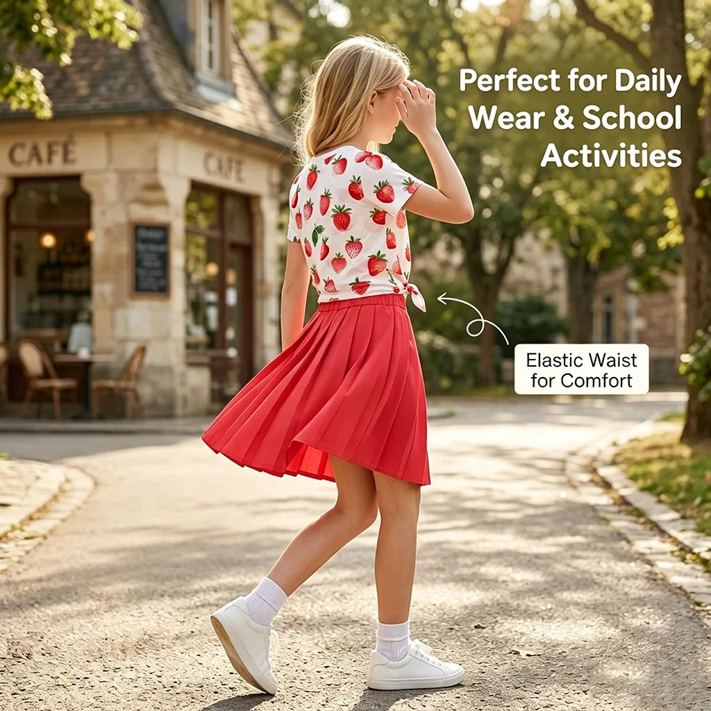 Girls Summer 7-14Y Round Neck Strawberry Print Short Sleeve Solid Red Pleated Skirt 2-Piece Outfit for Daily Casual Kids Cute