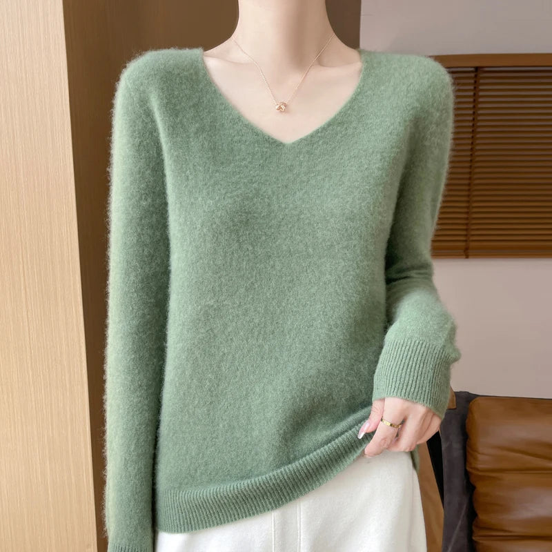 Fashion Pullover 100% Merino Wool Women Sweater V-Neck Long Sleeve Basic Jumper Spring Autumn Winter Clothing Knitwear Tops