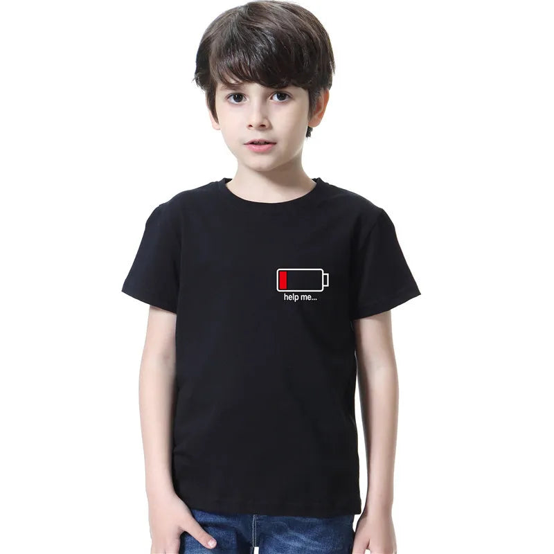 Camisetas divertidas con diseño de batería de energía 100% para niños pequeños, camisetas gráficas de manga corta para niños y niñas