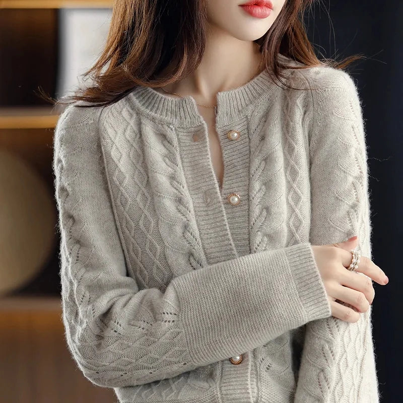 Cashmere Sweater Cardigan Women Single Breasted Long Sleeve Elegant Vintage Jumper Solid Wool Knitted Autumn Winter Outwear