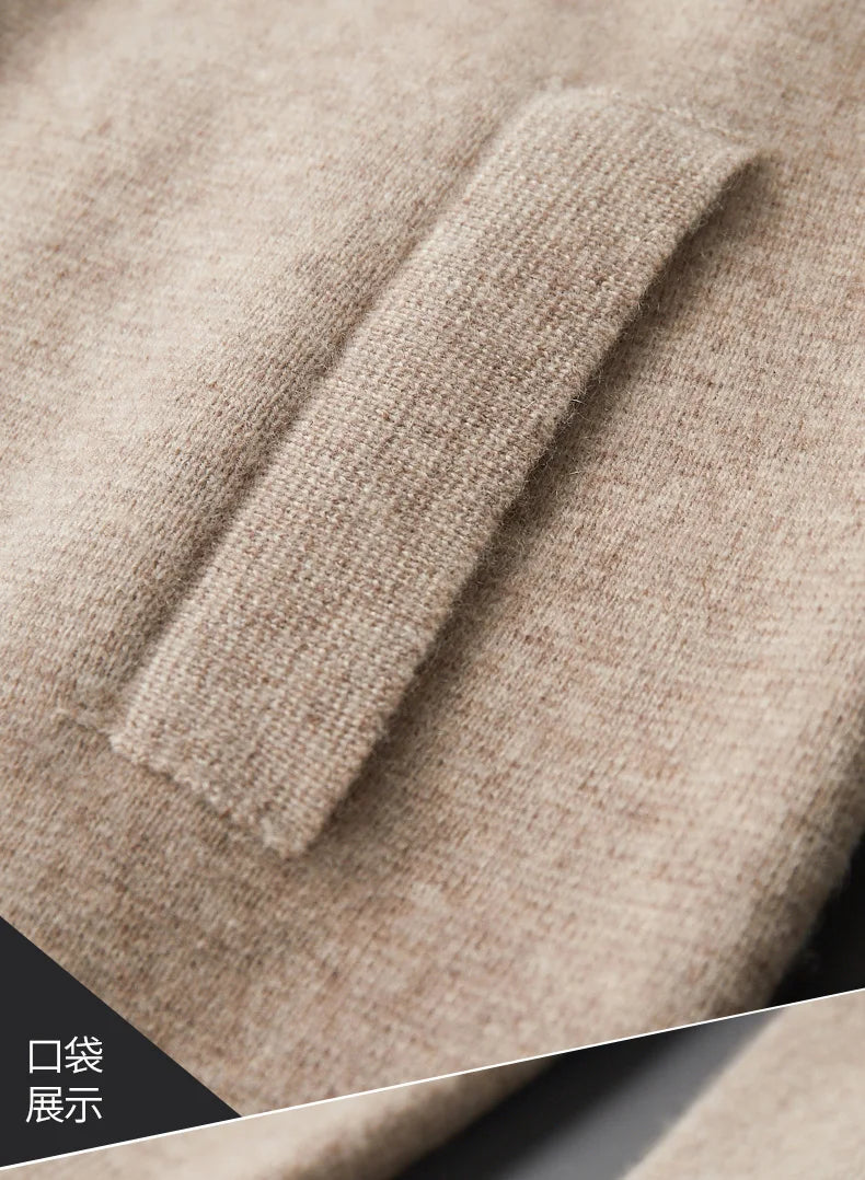 Men's Cardigan 100% Pure Cashmere Jacket Zippered Lapel Knit Sweater, Loose Thickened Long Sleeved Business Casual Autumn Winter