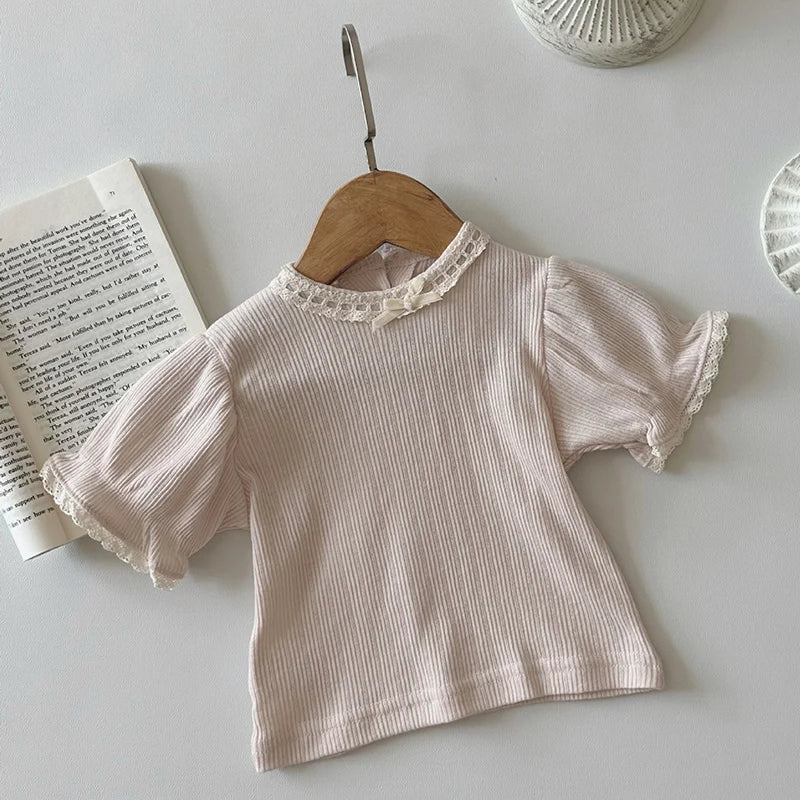 2024 New Summer 0-24M Children Clothes Newborn Baby Girl T-shirt Short Sleeved Cotton Lace Splicing Toddler Baby Girls Pullover