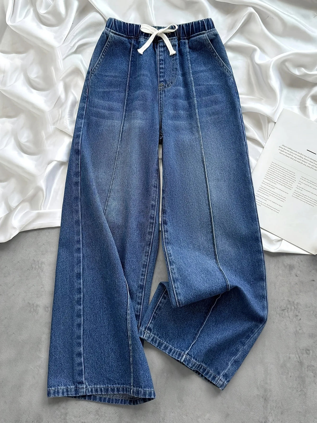 Y2K Little Girls Baggy Wide Leg Denim Pants Elastic Drawstring Waist Loose Straight Jeans For Street Fashion School Daily Outfit