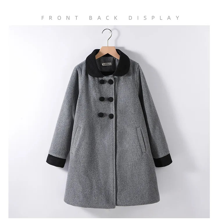 Teens Girls Winter Jacket Preppy Style Navy Mid-length Wool Coat for Kids Thick Warm Casual All-match School Children Outerwear