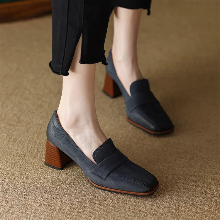 2024 Spring New GENUINE LEATHER Women Shoes LEISURE Women Slip-On Shallow Pumps Square Toe Heels Shoes Women Zapatos De Mujer