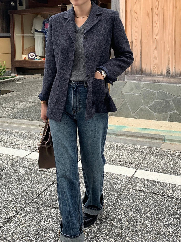 50 Wool Women Notched Collar Blazer Jacket Coat Fall Winter Thick Warm Overcoat Pocket Fashion Slim Waist Buttons Coat 2024 New