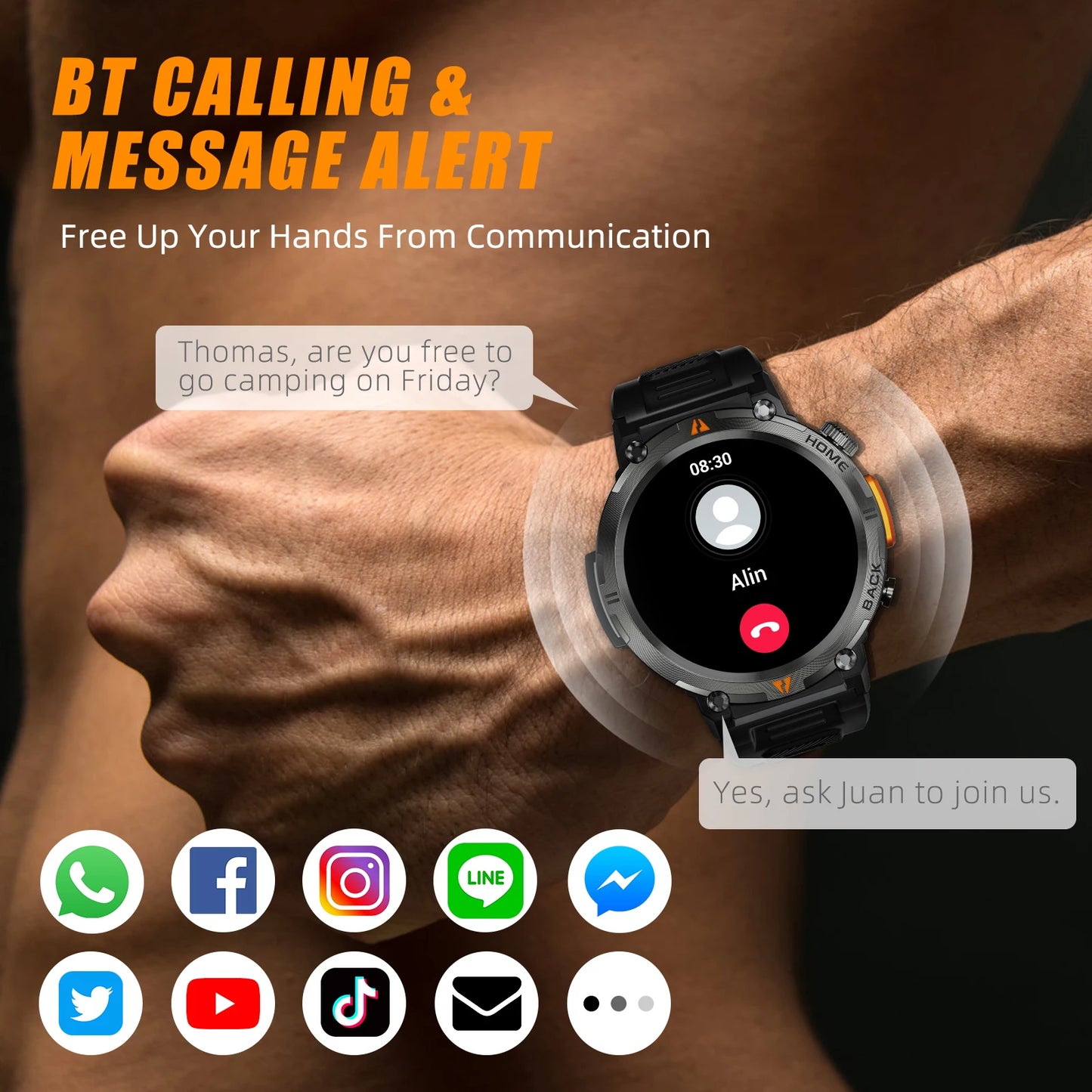 EIGIIS Smart Watch 3ATM Waterproof 2023 Original Design For Men Bluetooth Call Health Monitor With Flashlight 100+ Sports Modes