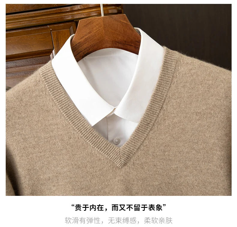 100% Cashmere Men's Pullover Casual Solid Color Knitted Sweater Loose Pull V-Neck Tops Basic Versatile Jumper