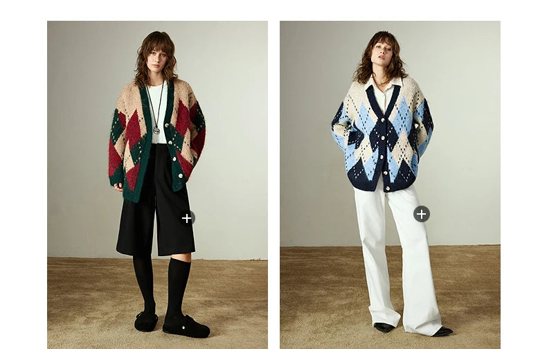 TOYOUTH Women Sweater Coats 2025 Winter New Retro Nordic Colorblock Argyle V-Neck Loose Wool-Blend Outerwear