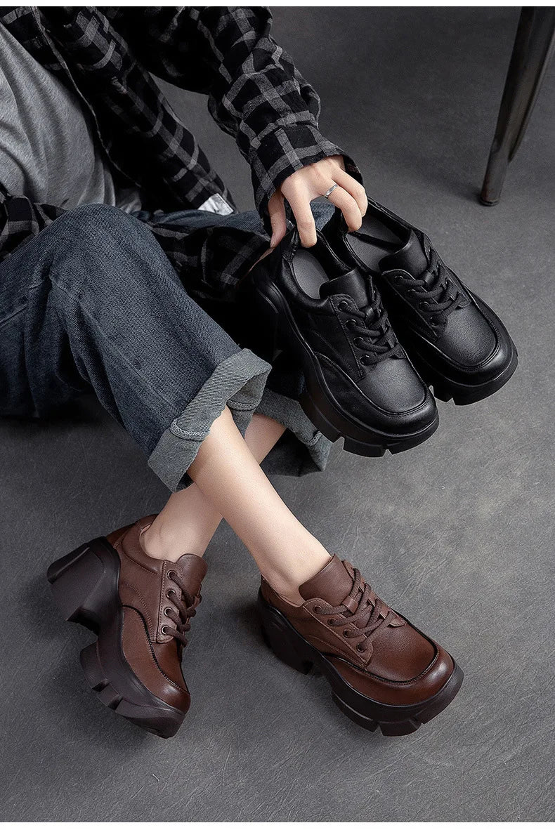 GKTINOO 2026 Women Shoes Handmade Retro 100% Genuine Leather Thick High Heel Chunky Platform Casual Height Increasing Shoes