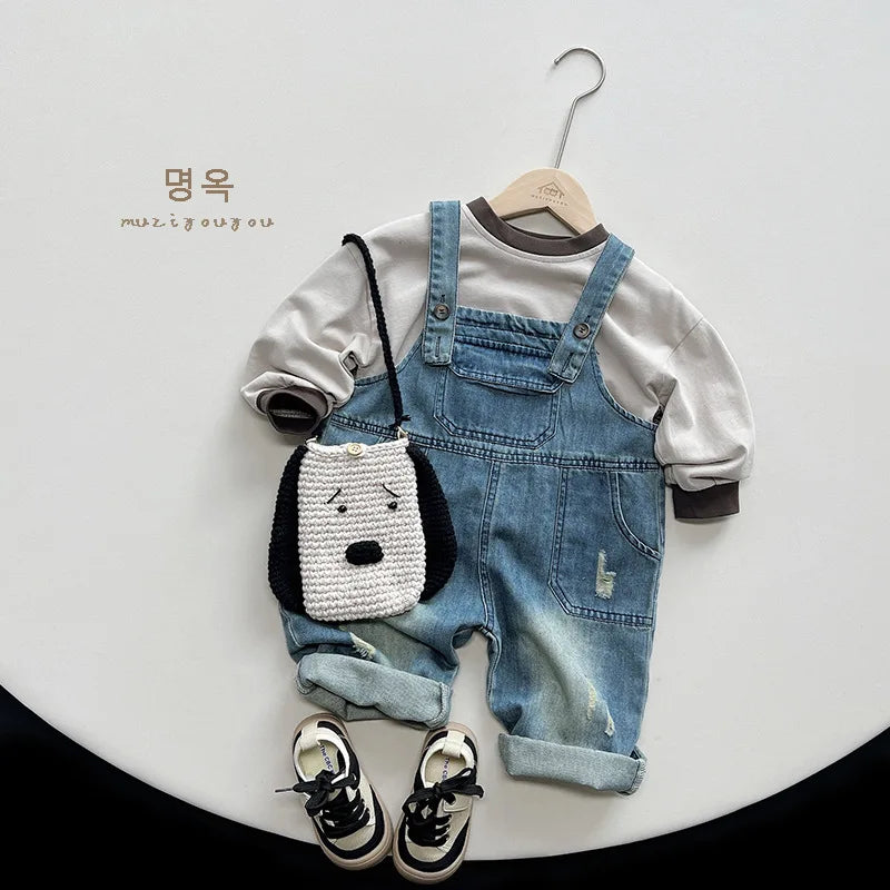 Spring New Boys Denim Overalls Girls Casual Jeans Fashion Kids Loose Strap Trousers Toddler Sleeveless Jumpsuit Children Clothes