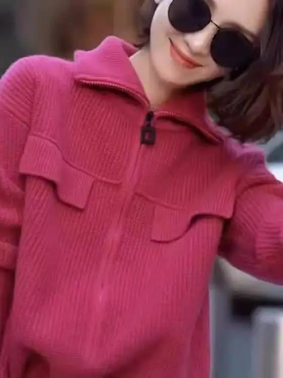 New 100% pure cashmere cardigan in autumn and winter women's POLO collar cashmere rose red coat knitted hooded sweater
