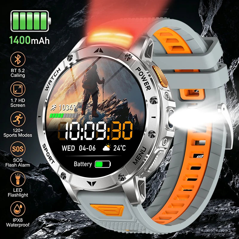 Smart Watch 1400mAh Battery 1.7'' IPS Screen 120+ Sports SOS Strobe Alarm IPX8 Waterproof LED Light BT Call Men Women Xmas Gift