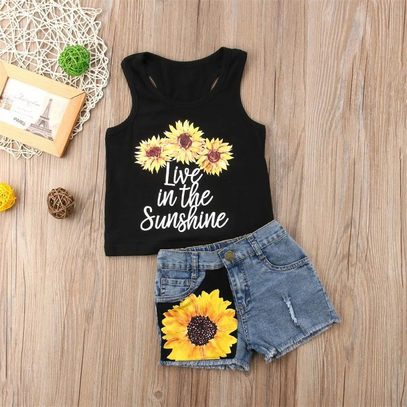 Toddler Girl Clothes Set Sleeveless Sunflower Letter Print Tank Tops with Denim Short Pants Summer Children's Sets