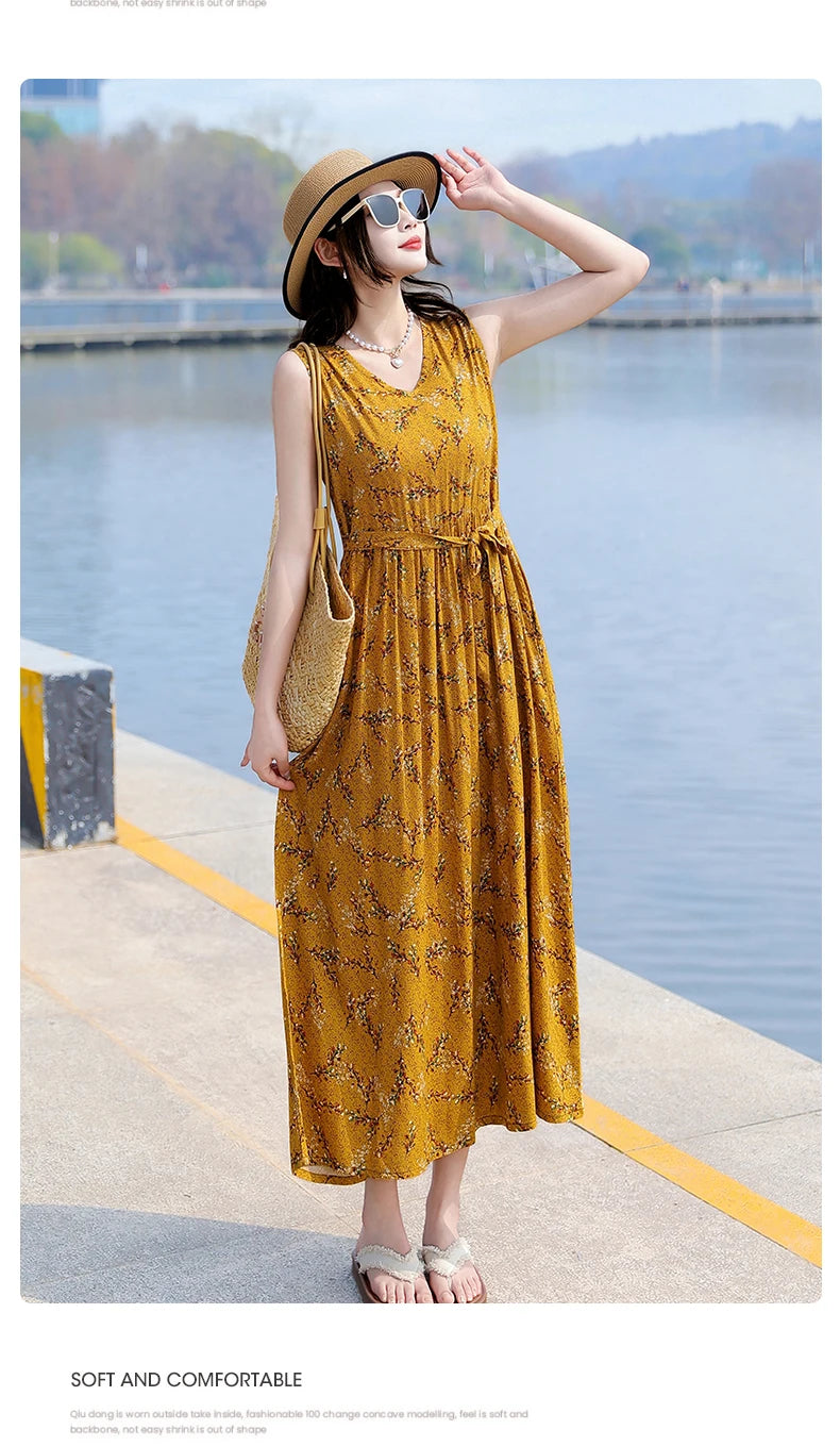 Spring Summer Dresses Fashion Female Sleeveless printed Casual Dress Women A-line Dresses Vestidos