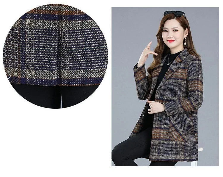 Mother's clothing Plaid Woolen Jacket 5xl Autumn Winter Female Thicken Slim Middle length Outwear Korea Women's Casual Wool Coat